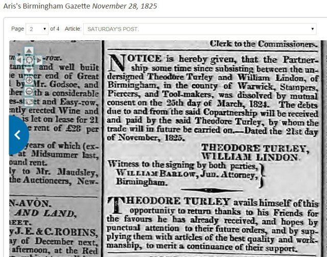 Partnership dissolved 1825 Birmingham Gazette 28 Nov 1825